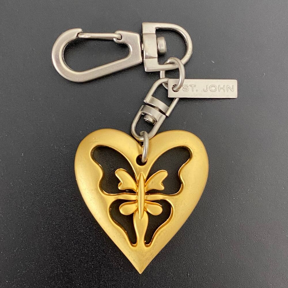 Rare ST. JOHN Vintage Matte Gold Butterfly Heart Bag Charm / Keychain